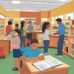 An energized school library scene bustling with activity. Students engrossed in reading and circulating, colorful lights creating a warm atmosphere, and a welcoming receptionist assisting from behind a special appointed desk.