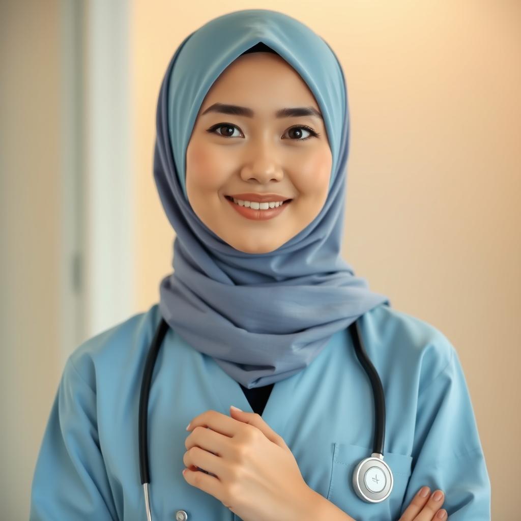 A very beautiful Indonesian woman with a thin smile, wearing an elegant hijab