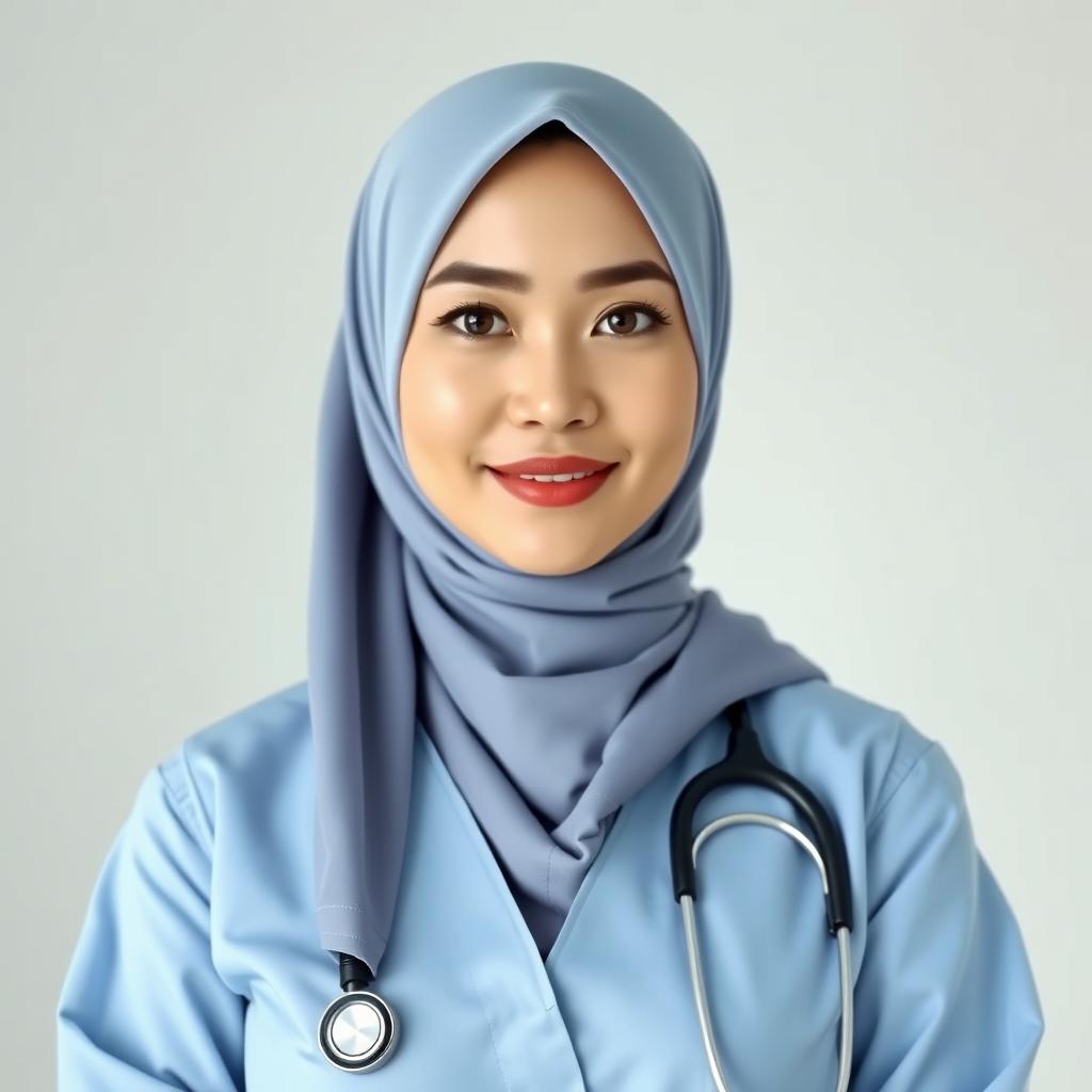 An Indonesian female doctor wearing a stylish hijab, showcasing her fair skin