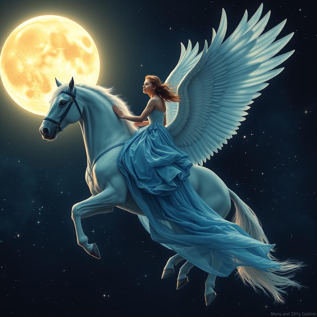 A woman wearing a flowing blue gown, elegantly draped and intricately designed, riding a majestic winged horse that soars towards a bright, luminous moon in a starry night sky