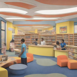 An energized school library scene bustling with activity. Students engrossed in reading and circulating, colorful lights creating a warm atmosphere, and a welcoming receptionist assisting from behind a special appointed desk.