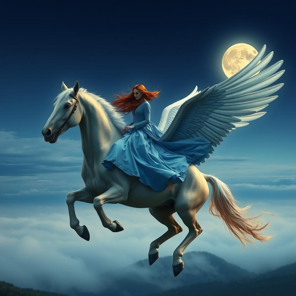 A woman wearing a long-sleeved blue dress riding a majestic winged horse soaring towards the moon