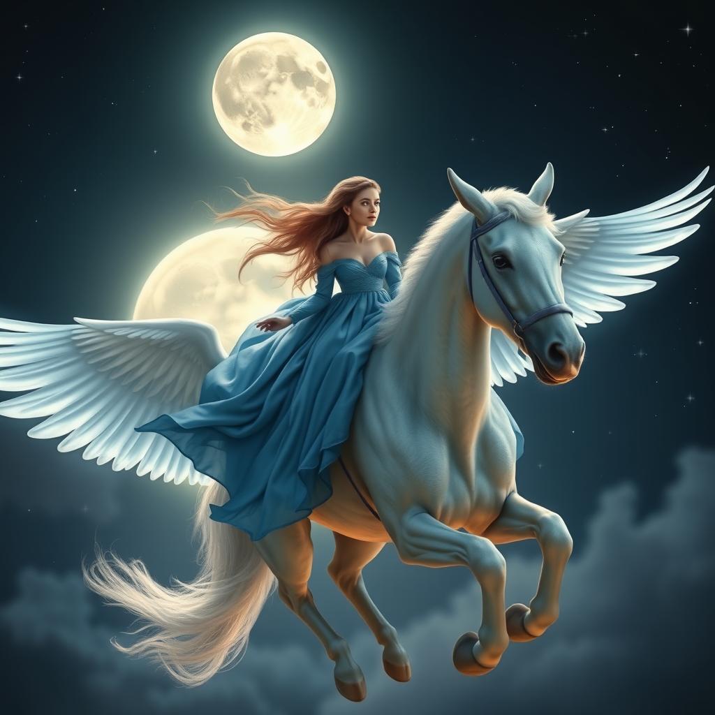 A woman wearing a beautiful blue long-sleeved dress riding a majestic winged horse soaring towards the moon