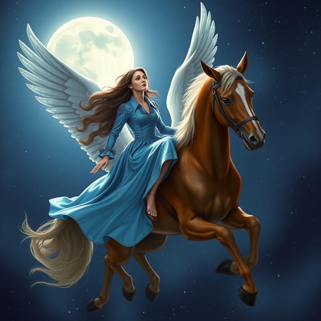 A woman wearing a beautiful blue long-sleeved dress with a collar, riding a majestic winged horse soaring towards the moon