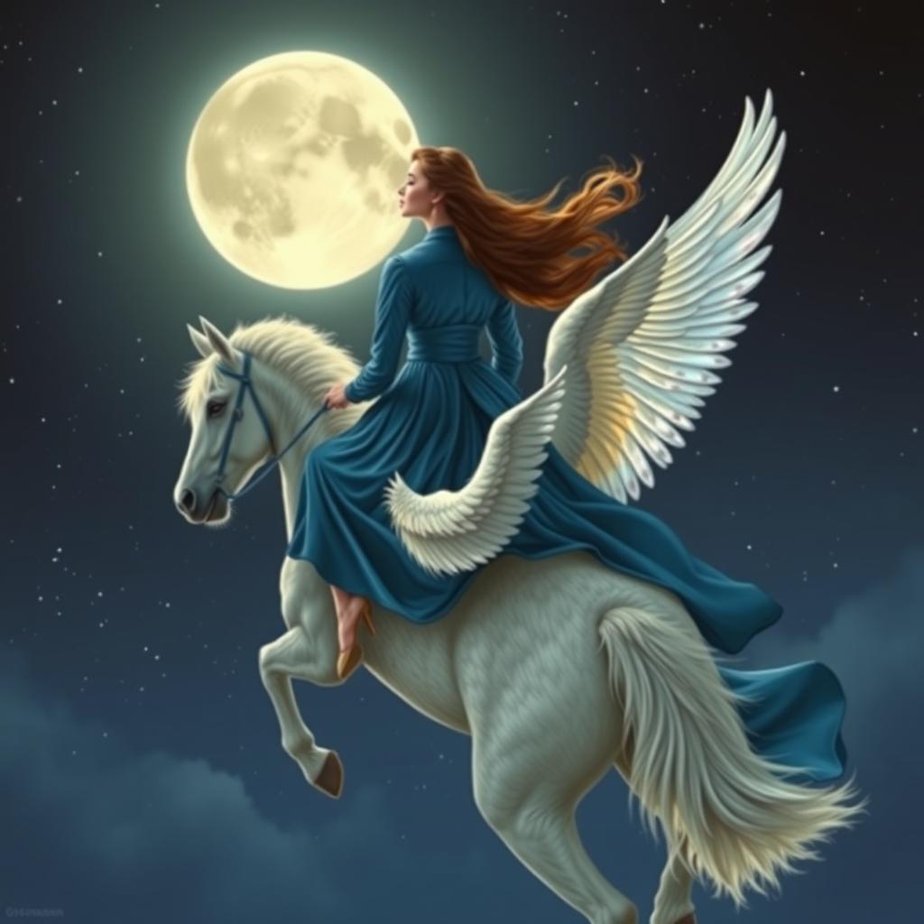 A woman wearing a long-sleeved, collared blue dress, elegantly riding a winged horse soaring towards the moon