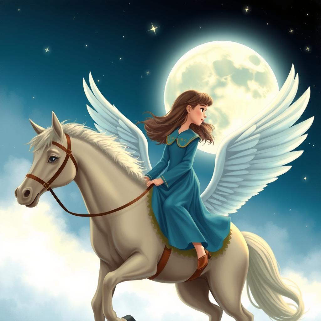 A girl wearing a blue long-sleeved collared dress riding a winged horse soaring towards the moon