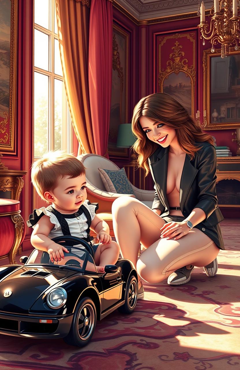 A vibrant and detailed scene illustrating a glamorous young woman babysitting a charismatic toddler who is the heir to a mafia family