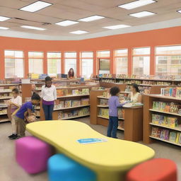 An energized school library scene bustling with activity. Students engrossed in reading and circulating, colorful lights creating a warm atmosphere, and a welcoming receptionist assisting from behind a special appointed desk.