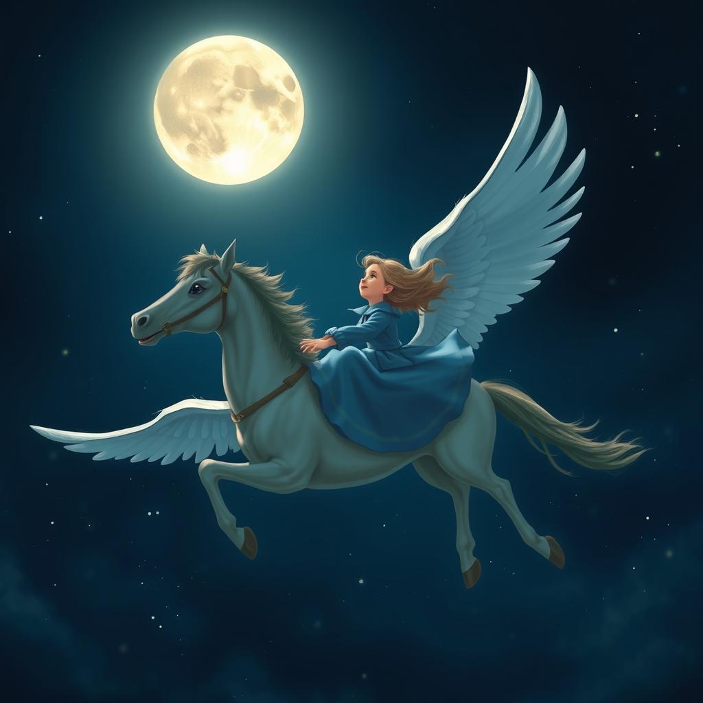 A girl in a blue long-sleeved collared dress flying on a winged horse towards the moon