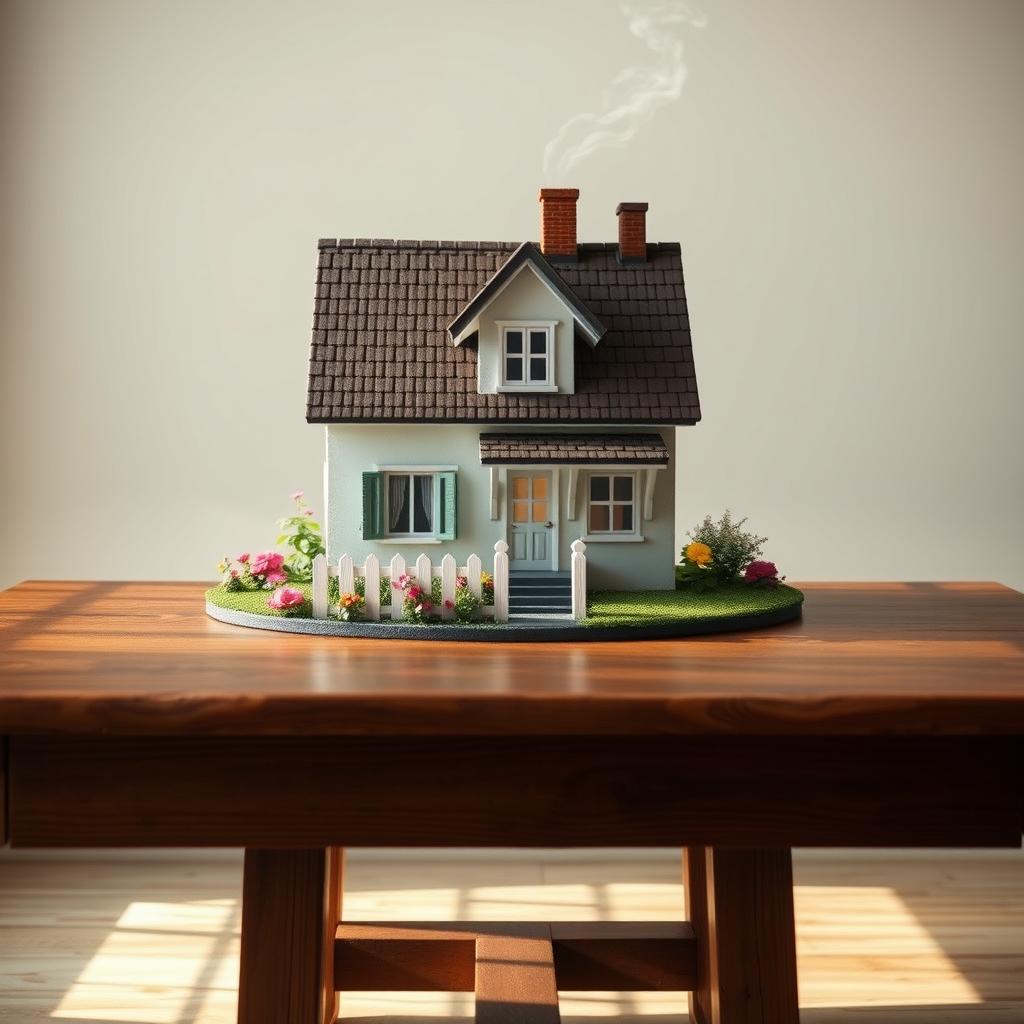 A realistic scene of a house positioned on a wooden table