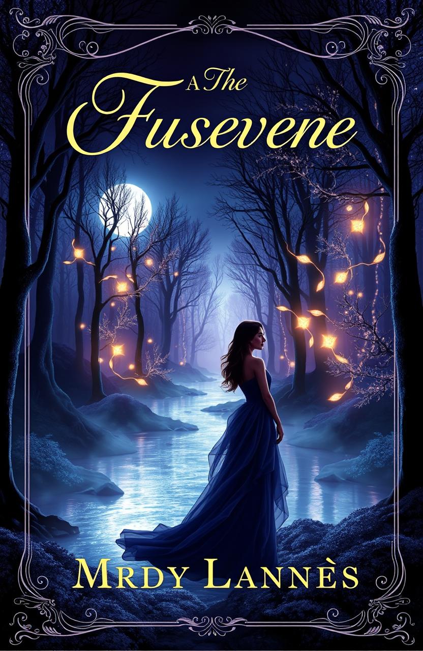 A stunning book cover design featuring a mystical forest with glowing trees and a shimmering river reflecting the moonlight