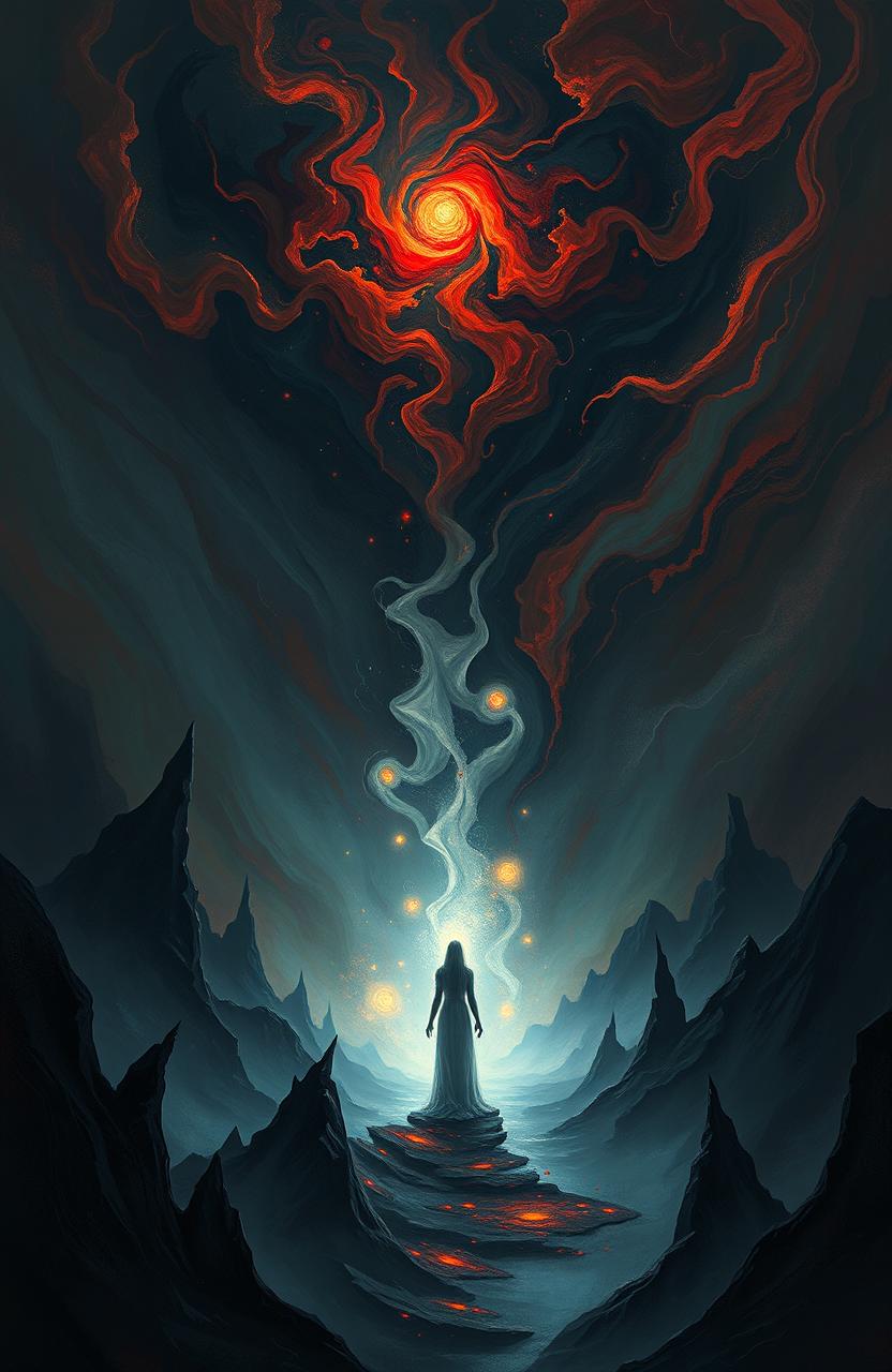 An abstract representation of 'The Screams of Silent Dreams', where swirling, dark colors imply chaos and emotion