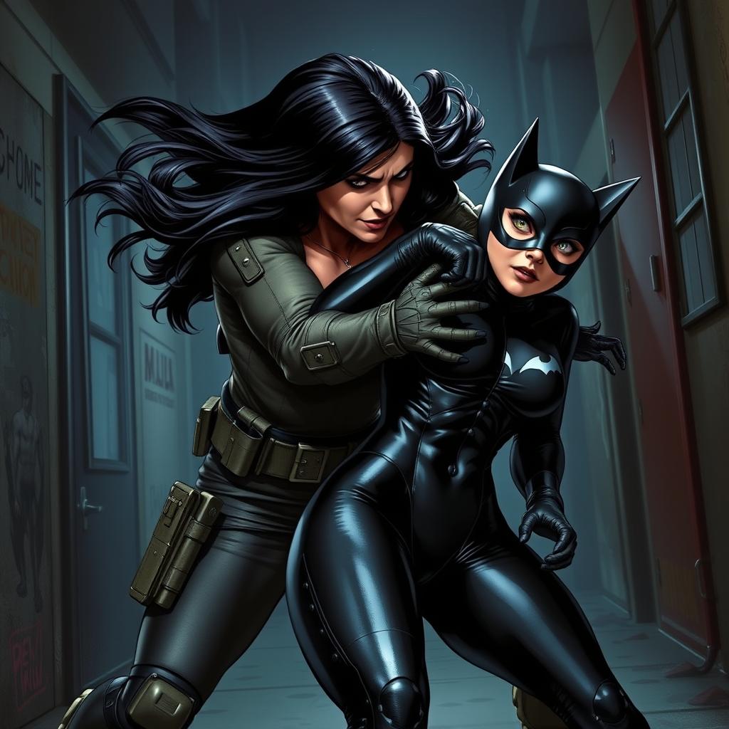 An intense wrestling scene depicting Talia al Ghul executing a powerful bearhug on Catwoman in a dynamic, action-packed environment