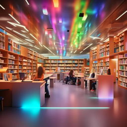 An energized school library scene bustling with activity. Students engrossed in reading and circulating, colorful lights creating a warm atmosphere, and a welcoming receptionist assisting from behind a special appointed desk.