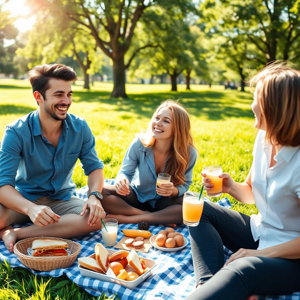 A group of friends enjoying a sunny outdoor picnic at the park, with a vibrant green grass background