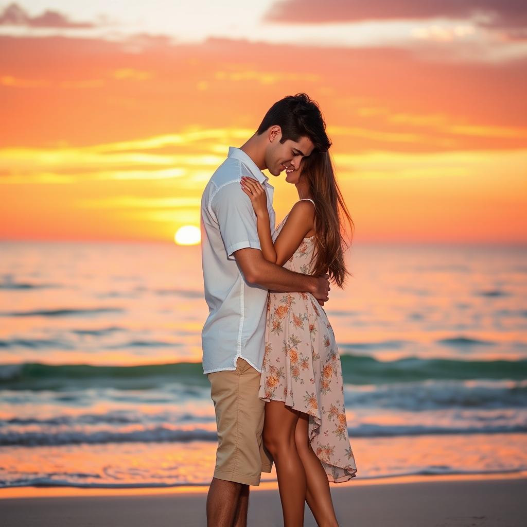 A heartwarming scene combining the essence of love and serenity, depicting a couple embracing each other on a tranquil beach at sunset
