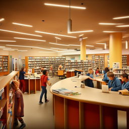 An energized school library scene bustling with activity. Students engrossed in reading and circulating, colorful lights creating a warm atmosphere, and a welcoming receptionist assisting from behind a special appointed desk.