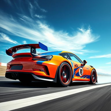 A stunning, custom Porsche GT3 RS designed with a Goku theme, featuring vibrant orange and blue colors inspired by Goku's iconic outfit