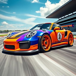 A stunning, custom Porsche GT3 RS designed with a Goku theme, featuring vibrant orange and blue colors inspired by Goku's iconic outfit