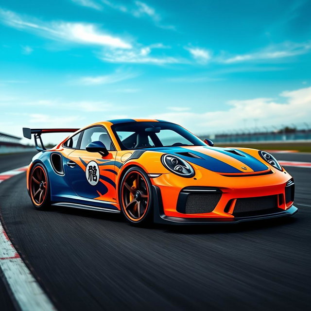 A stunning, custom Porsche GT3 RS designed with a Goku theme, featuring vibrant orange and blue colors inspired by Goku's iconic outfit
