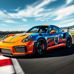 A stunning, custom Porsche GT3 RS designed with a Goku theme, featuring vibrant orange and blue colors inspired by Goku's iconic outfit
