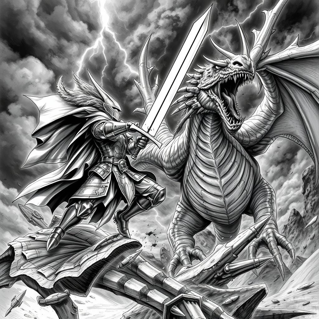 A highly detailed, epic black-and-white illustration depicting a fantasy knight in full plate armor, wielding a massive sword