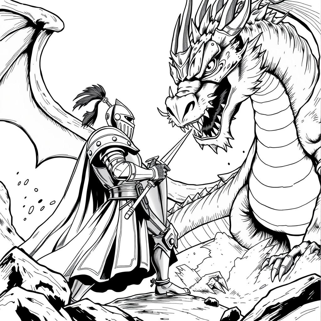 A knight in shiny armor engaging in an epic battle with a large dragon, illustrated in an old manga style