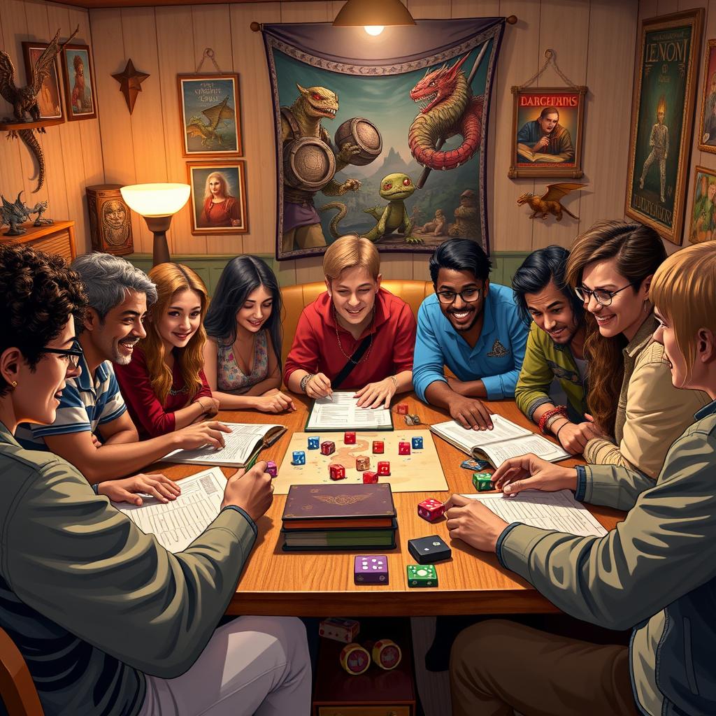 A vibrant scene depicting a group of diverse people sitting around a table, fully engrossed in a game of Dungeons & Dragons