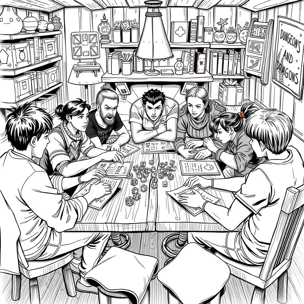 A group of diverse individuals sitting around a wooden table, deeply engaged in a game of Dungeons and Dragons