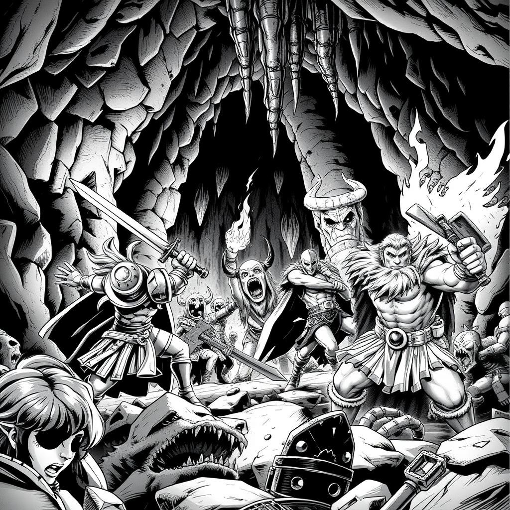 A dynamic scene depicting a group of adventurers exploring a dark, ancient dungeon