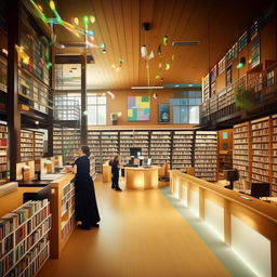 An energized school library scene bustling with activity. Students engrossed in reading and circulating, colorful lights creating a warm atmosphere, and a welcoming receptionist assisting from behind a special appointed desk.