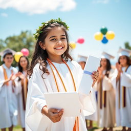 A charming young girl wearing a flowing white toga, celebrating her graduation