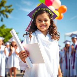 A charming young girl wearing a flowing white toga, celebrating her graduation