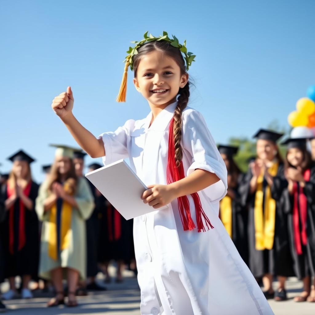 A charming young girl wearing a flowing white toga, celebrating her graduation