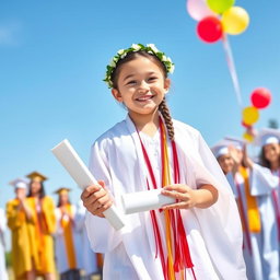 A charming young girl wearing a flowing white toga, celebrating her graduation