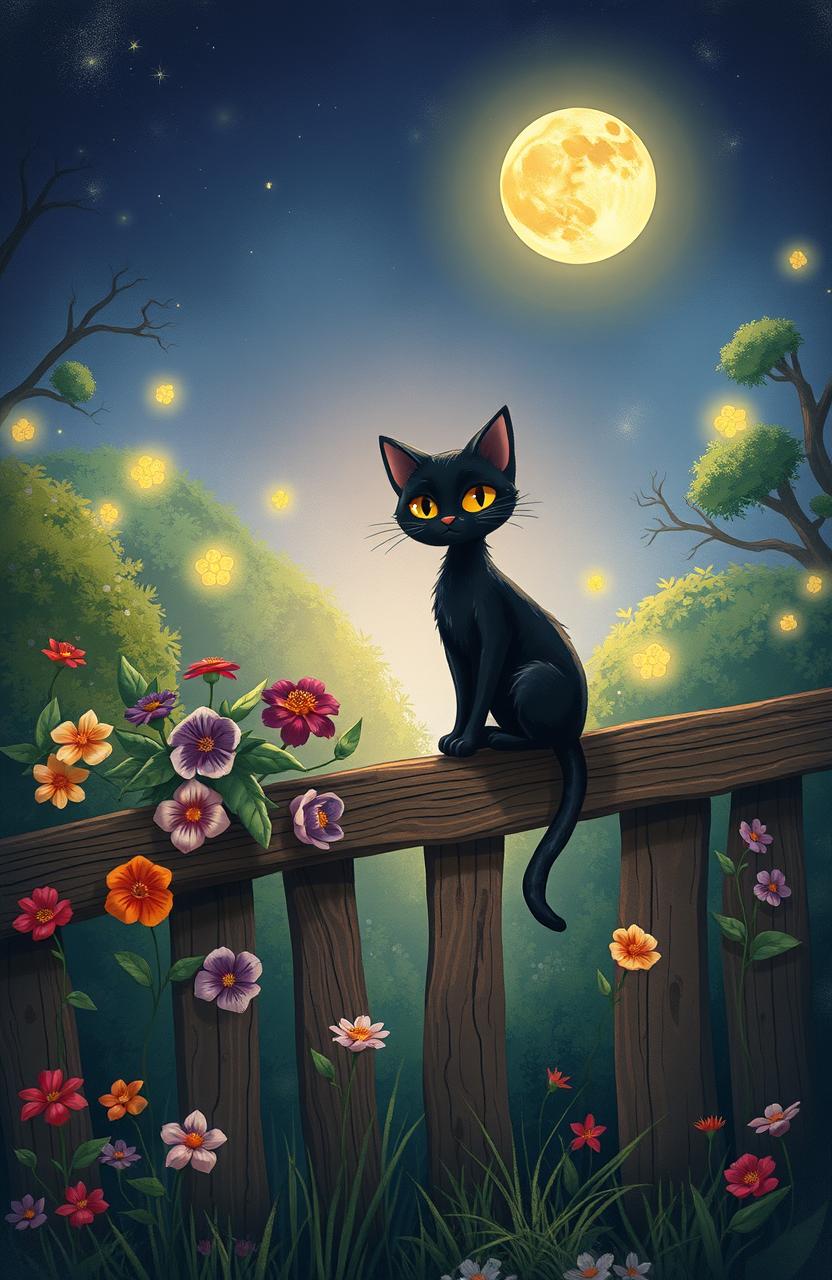 A whimsical and intriguing illustration depicting a fable about a mysterious black cat, showcasing the contrast between light and darkness