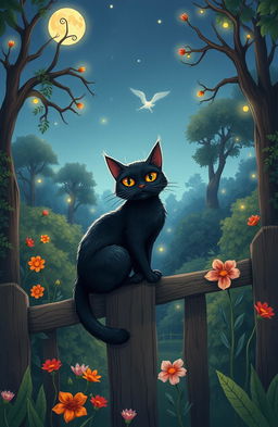 A whimsical and intriguing illustration depicting a fable about a mysterious black cat, showcasing the contrast between light and darkness