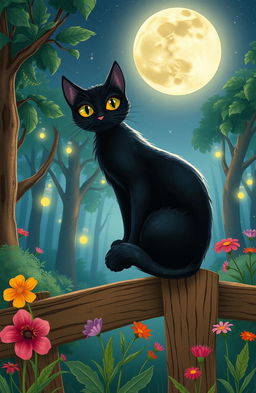 A whimsical and intriguing illustration depicting a fable about a mysterious black cat, showcasing the contrast between light and darkness