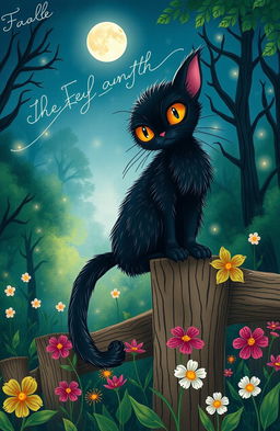 A whimsical and intriguing illustration depicting a fable about a mysterious black cat, showcasing the contrast between light and darkness