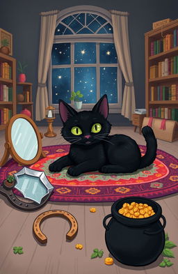 A whimsical illustration of a black cat, symbolizing the fable of the black cat and its unique story