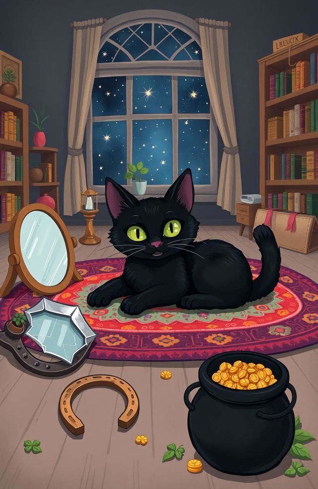 A whimsical illustration of a black cat, symbolizing the fable of the black cat and its unique story
