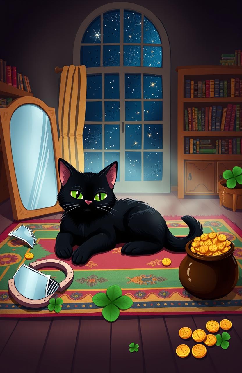 A whimsical illustration of a black cat, symbolizing the fable of the black cat and its unique story