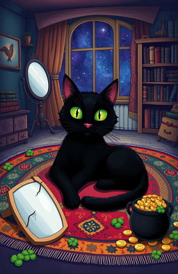 A whimsical illustration of a black cat, symbolizing the fable of the black cat and its unique story