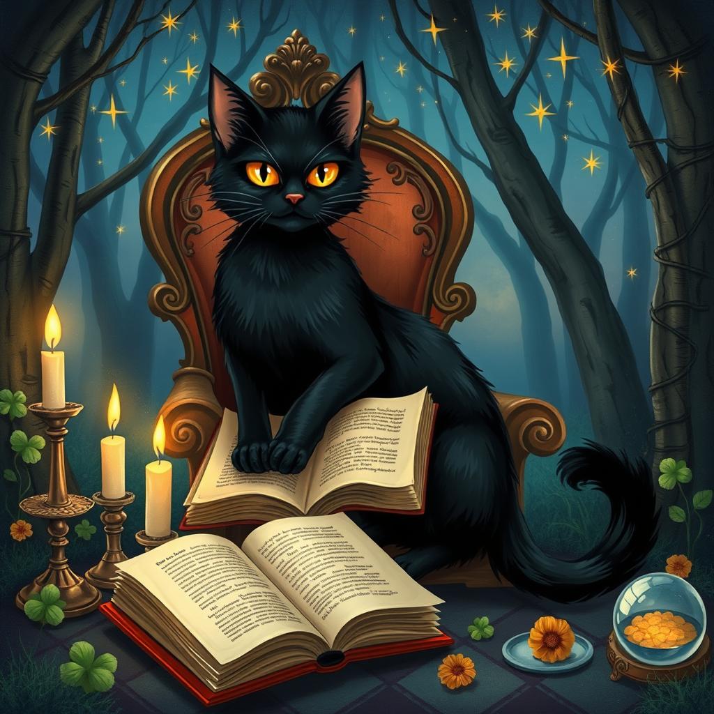 An enchanting illustration portraying the fable of the black cat, highlighting its unique and mystical nature