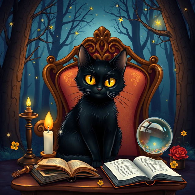 An enchanting illustration portraying the fable of the black cat, highlighting its unique and mystical nature