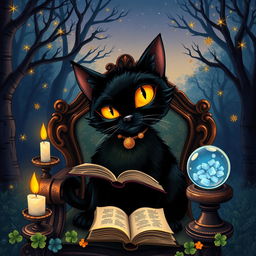 An enchanting illustration portraying the fable of the black cat, highlighting its unique and mystical nature