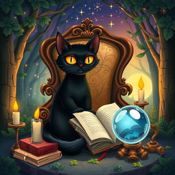 An enchanting illustration portraying the fable of the black cat, highlighting its unique and mystical nature