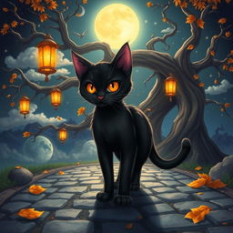An imaginative illustration inspired by the fable of the black cat, centered on its unique characteristics and cultural significance