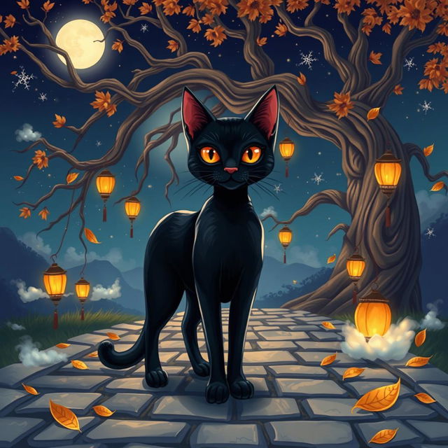 An imaginative illustration inspired by the fable of the black cat, centered on its unique characteristics and cultural significance