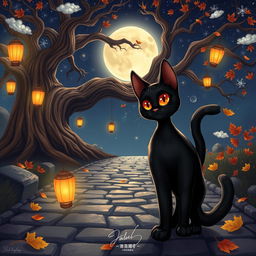 An imaginative illustration inspired by the fable of the black cat, centered on its unique characteristics and cultural significance